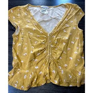 American Eagle Yellow Floral Polka Dot Ruched Peplum Blouse Top XS